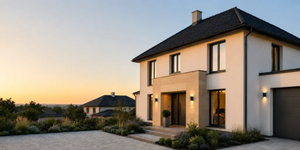 Immobilie verkaufen mit MH2 Immobilien – modernes Wohnhaus im Abendlicht